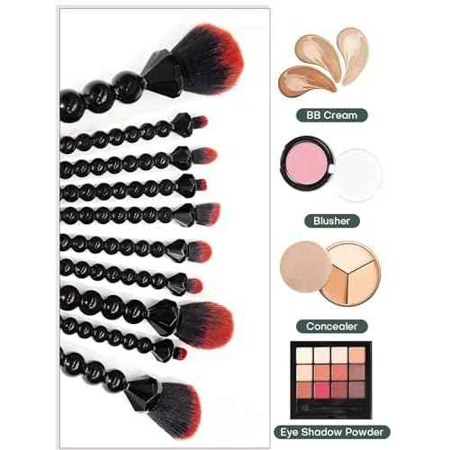 COSHINE Unique Diamond and Pearl Design Makeup Brush Set, 10pcs Cute and Full Complete Powder, Concealer, Blush, Eye Shadow Cosmetic Brushes Kit (BLACK)