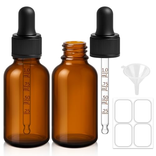 2 Pack 1 oz Amber Glass Dropper Bottles with Funnel & Labels