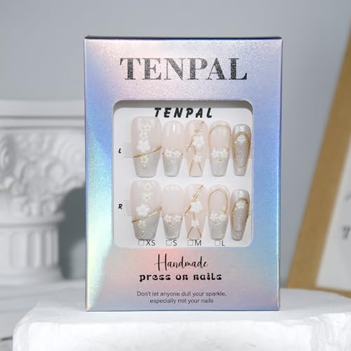 TENPAL Press on Nails Medium Coffin Shape French tips Cherry Blossom Cat Eyes Fake Nails With Glue Purely Handmade Acrylic False Nails With Light Therapy Summer Stick on Nails For Women 10pcs/Box(M)