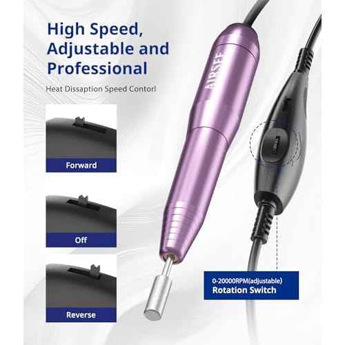 AIRSEE Home Lite Portable Electric Nail Drill Machine with adapter for Beginners, EFile for Acrylic Gel Nails and Manicure Pedicure Polishing Shape, Electric Nail File Kit for Home, Purple