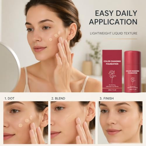 KunMan Color Changing Foundation - Skin Tone Self-Adjusting Liquid Makeup, Full Coverage, Natural Finish
