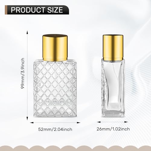 6 Pcs 50ml/1.7oz Glass Perfume Spray Bottles with Gold Lid Empty Square Fine Mist Sprayer Refillable Atomizer Pump Bottle for Water Alcohol Toner Essential Oils,2 Pipettes,2 Funnels