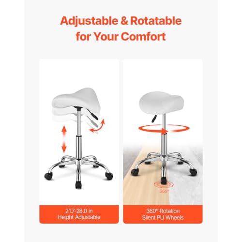 VEVOR Saddle Stool with Wheels, 450 LBS Weight Capacity Ergonomic Rolling Stool, Height Adjustable Thickened PU Leather Swivel Saddle Chair for Salon, Spa, Massage, Tattoo, Clinic, White