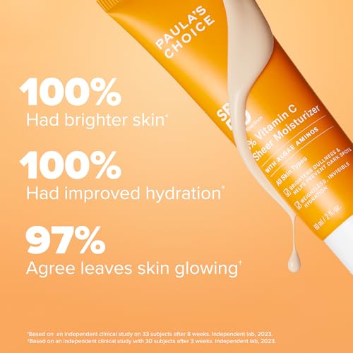 Paula's Choice 5% Vitamin C Sheer Sunscreen for Face, SPF 50 Face Sunscreen, Moisturizing, Lightweight Invisible, Prevents Dark Spots, No Cast, All Skin Types, UVA/UVB Protection, Fragrance-Free, 2oz