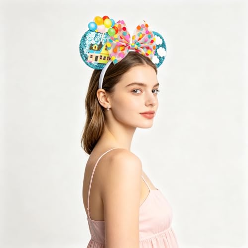 Bianbaistar Blue Balloon Mouse Ears Headband with Cloud & House Accents - Vibrant Party Accessory