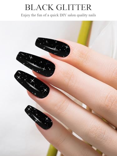 EBANKU 24 Pcs Semi-Cured Gel Nail Strips, Gel Wraps for Nails Stickers, Easy Apply & Remove for Salon-Quality Manicure, Nail Salon DIY with Nail File and Nail Stick UV/LED Lamp Required(Black Glitter)