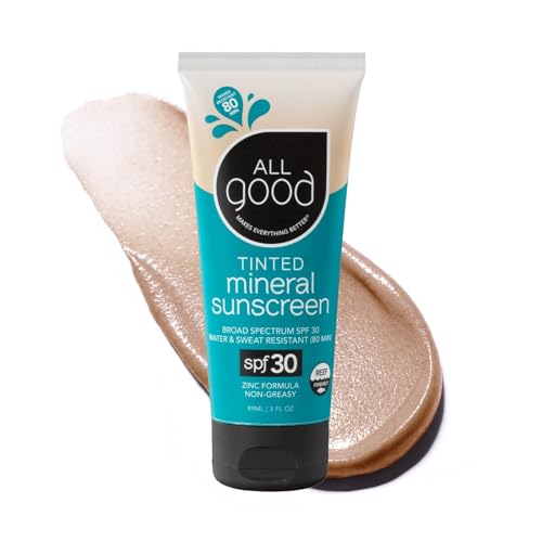 All Good Tinted Mineral Sport Sunscreen Lotion for Face & Body - UVA/UVB Broad Spectrum, SPF 30, Coral Reef Friendly, Water Resistant, Coconut Oil, Jojoba Oil, Shea Butter, Aloe (3 oz)