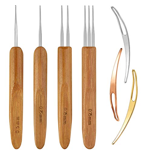 Dreadlock Crochet Hook Set 7-Piece Stainless Steel with Bamboo Handle