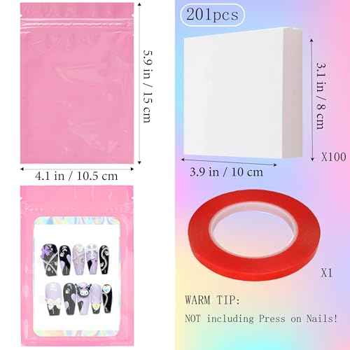 Qenk 100PCS Empty Holographic Nail Storage Bag Press on Nail Packaging Bag and 100PCS Shiny white cardboard Nail Tips Packaging Bags with 1 Roll Transparent Tape (Pink)
