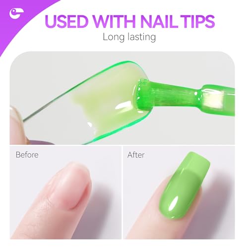 Professional Gel Nail Glue UV - 6 in 1 Gel Glue for Nail Tips with Green Jelly Gel Polish,Base Coat Free,Gelike EC Strong Adhesive for Press on Nail,Ideal for Salon and Home DIY