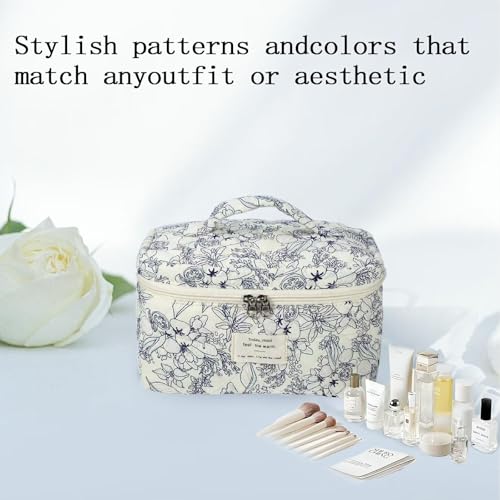 Makeup Bag Set, Large Travel Cosmetic Bags for Women, 3pcs Cute Floral Makeup Bags, Cotton Quilted Toiletry Organizer Bag, Women's Emergency Bag (Flower-Deep Blue)