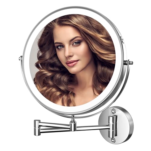 Hasipu 10-Inch Wall Mounted Makeup Mirror with Magnification, Rechargeable 3000 mAh Vanity Mirror with Lights, Bathroom Mirror with Dimmable Brightness, 3 Lighting Modes, Extendable Arm, Chrome