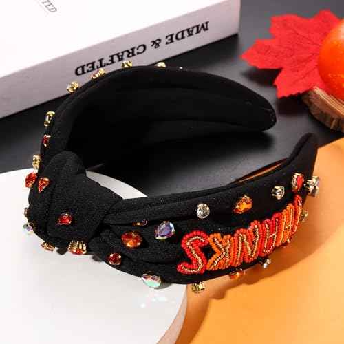 Thanksgiving Headband Accessories - Fall THANKS Knotted Pearl Rhinestone Wide Hair Accessories