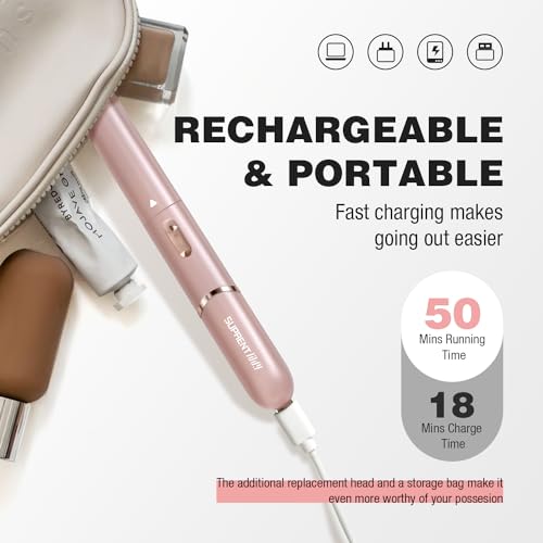SUPRENT Women's Facial Hair Remover £¦ Eyebrow Trimmer with Pivoting Head - Rechargeable Eyebrow Razor Painless Facial Trimmer on Lips, Cheeks, Ears, Neck and Chin - Easy Cleaning - Pink