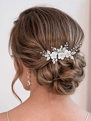 Silver Bridal Hair Comb with Rhinestones & Flowers