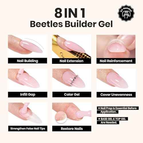 Beetles Builder Gel Set,3 Pcs 8 in 1 Nail Strengthening Apex Building Extension for Beginner DIY Salon at Home,Clear Builder Nail for Nails with Base and Top Coat Gel,UV & LED Lamp Needed