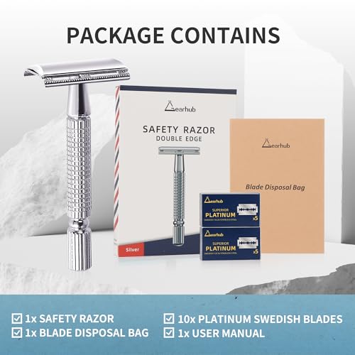 Gearhub Double Edge Safety Razor Reusable Stainless Metal Wet Shaving Razor with 10 Swedish Platinum Blades for Men Women Barber Bikini Armpit Hair, Silver GR131