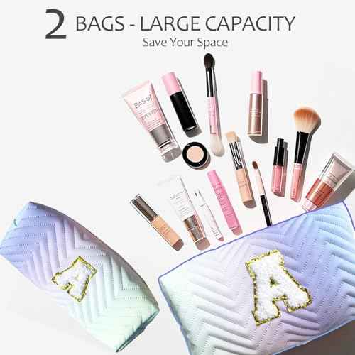2-Pack Quilted Makeup Bag Set ? Cute Cosmetic Pouch for Travel, Toiletries, Purse & Organizer ? Large Small Zipper Makeup Bags, Personalized Initial Gift for Women, Teens, Girls, Purple C