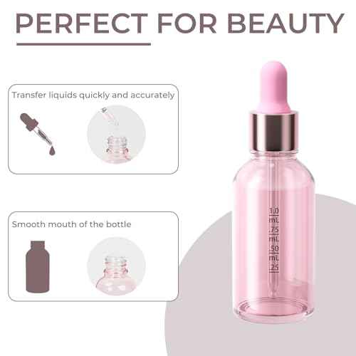 CycleMore 12 Pack (30 ml) 1 oz Pink Glass Boston Bottles with Glass Scale Eye Droppers, Glass Cosmetic Droppers for Beauty, Essential Oils, Makeup & More Liquids Ideal for Mom or Friends