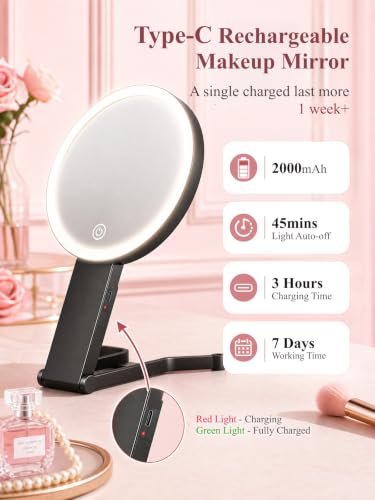JJhxr 40X/1X Black Makeup Magnifying Mirror with Lights - 6 Inch Double-Sided LED Travel Mirror