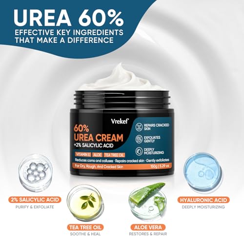 VREKEF Urea Cream 60% with 2% Salicylic Acid - Deep Hydration Foot Cream for Dry Cracked Heels & Calluses, 5.29 oz