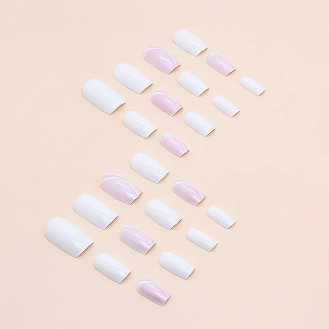 RikView White Press on Nails Medium Acrylic Nails Pink Nails Coffin Fake Nails Glossy Nails 24 PCs/Set