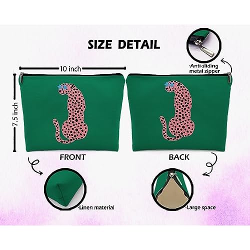 Preppy Leopard Print Cosmetic Bag, Wildlife Animal Asian Pink Cheetah Makeup Bag Zipper Cosmetic Pouch Bag Travel Linen Makeup Organizer, Trendy Gifts for Women Teen Teenager Girls Her Teens