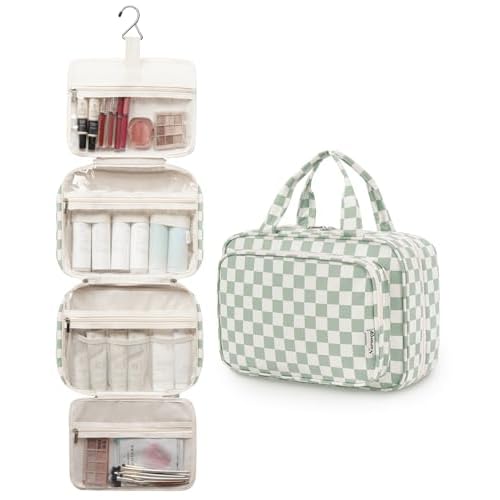 Narwey Travel Toiletry Bag for Women Large Capacity, Hanging Makeup Bag Organizer Toiletries Bag for Full Size Essentials, Accessories, Brushes, Cosmetics (Mint Green Checkerboard (Large))