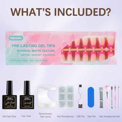 Misssix French Tip Press On Nails, 150Pcs French Gel Nail Tips, Short Square Soft Gel Fake Nails, X-BASIC Tips Starter Kit for Nail Art DIY 15 Sizes