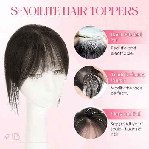 S-noilite Real Human Hair Topper with Bangs 360¡Æ3D Cover Hair Toppers for Women with Wispy Bang Natural Black Clip on Bangs for Daily Wear