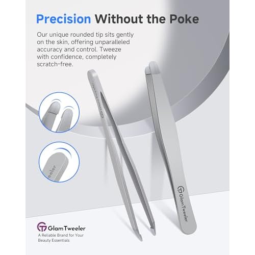 Premium Hand-Made Tweezers with Safe Rounded Tip & Comfort Spring for Pain-Free Plucking, Thick Stainless Steel for Precise Grip on Eyebrows & Facial Hair, Designed for Women and Men