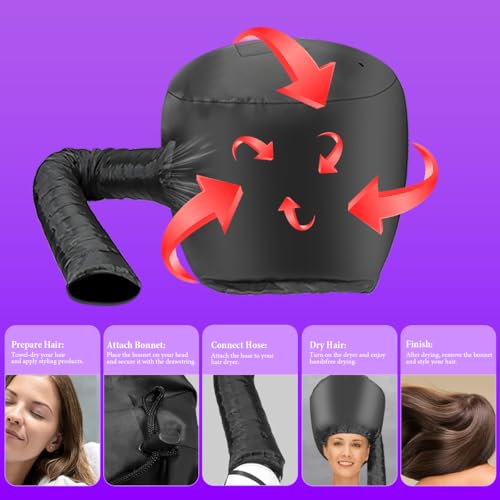 Hooded Hair Dryer Bonnet - Adjustable, Fast Drying for Natural Hair & Curls - Portable Travel Black