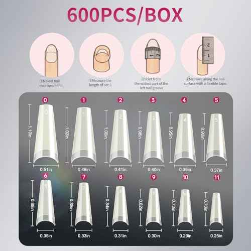 krofaue Natural Acrylic Nail Tips - 600PCS Half Cover Coffin False Nails 12 Size with Box for Salon and Home DIY