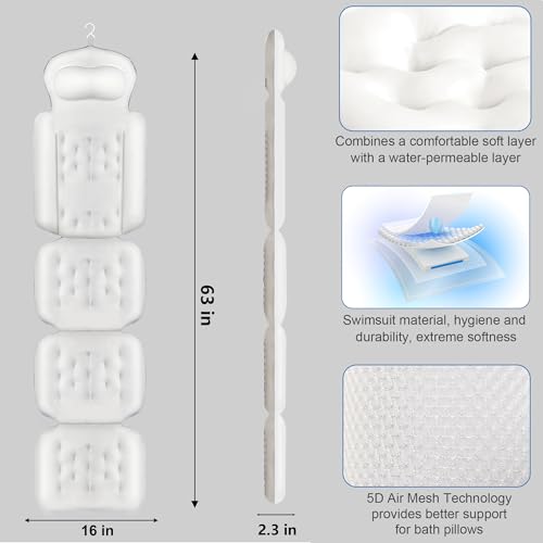 Luxury Full Body Bath Pillow for Bathtub, Bath Pillows for Tub with Mesh Laundry Bag, Cushion for Bathtub Headrest Neck Back Support - 5D Air Mesh & Quick Drying | White 63" x 16"