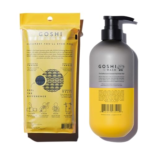 GOSHI Exfoliating Shower Towel and 20 oz Super Vitamin Body Wash for Women and Men - Exfoliating Bath Set for All Skin Types