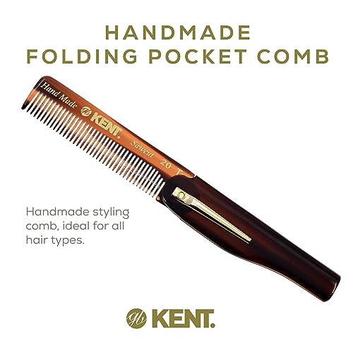 Kent 20T Handmade Folding Pocket Comb for Men, Fine Tooth Hair Comb Straightener for Everyday Grooming Styling Hair, Beard or Mustache, Use Dry or with Balms, Saw Cut Hand Polished, Made in England