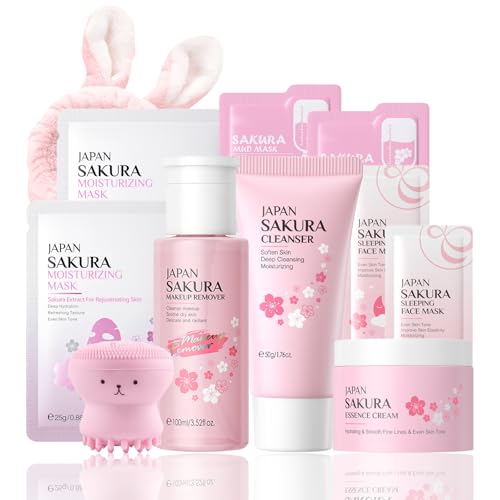 Skincare Set Sakura Women Skincare Gifts for Teen Girls - Travel Essentials for Women - Skin Care Set with Makeup Remover,Face Wash,Moisturizer,Face Mask - Fa ce Care Set for Wo men (11PCS, Sakura)