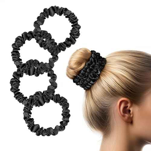 Zenssia Silk Scrunchies for Hair, 4PC Pure Mulberry Silk Hair Ties No Damage, Skinny Elastic Scrunchies for Fine & Thin Hair, Black