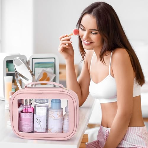 Kigeli 4 Pcs Clear Makeup Bags for Car Essential, Waterproof Clear Travel Toiletry Organizer Leather Makeup Bags with Handle Zipper, Small Cosmetic Pouch Set for Women Car Gift(Pink)