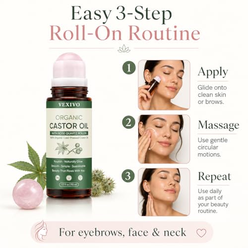 Thicair Organic Castor Oil Rose Quartz Roller Ball for Eyebrows, Face & Neck - 1.7 Fl Oz - Unscented, Hexane-Free, Brightening & Nourishing - Variation 1