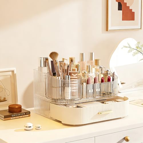 Makeup Organizer with 360¡Æ Rotating Brush Holder and Stackable Drawers, Cosmetic Display Case for Vanity, Bathroom Countertop (White, 2 Layer)