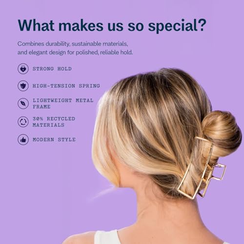 Gimme Beauty Gold Rush Claw Clip - Metal, Rectangle Clip for Long, Thick & Curly Hair - Features Gripped Tips for Firm, All-Day Hold - Comfortable & Fashionable
