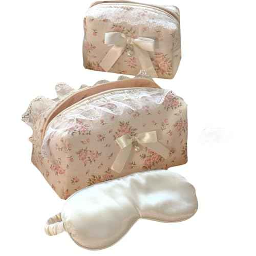 Floral Makeup Bag Set of 2 with Pearl Lace Bow + Silk Eye Mask, Coquette Accessories, Aesthetic Cute Makeup Bags for Women, Large & Small Pouch Set, Cotton Pouches for Purse, Gift Set for Women Girls