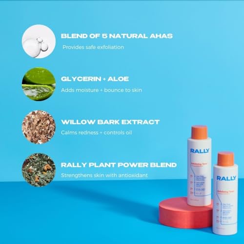 RALLY Daily Cleansing Exfoliating Toner with Mild Plant-Based AHAs | Waterless On-The-Go Cleanse | Clear Pores + Improve Texture | Refresh Teen + Post Workout Skin 4 OZ