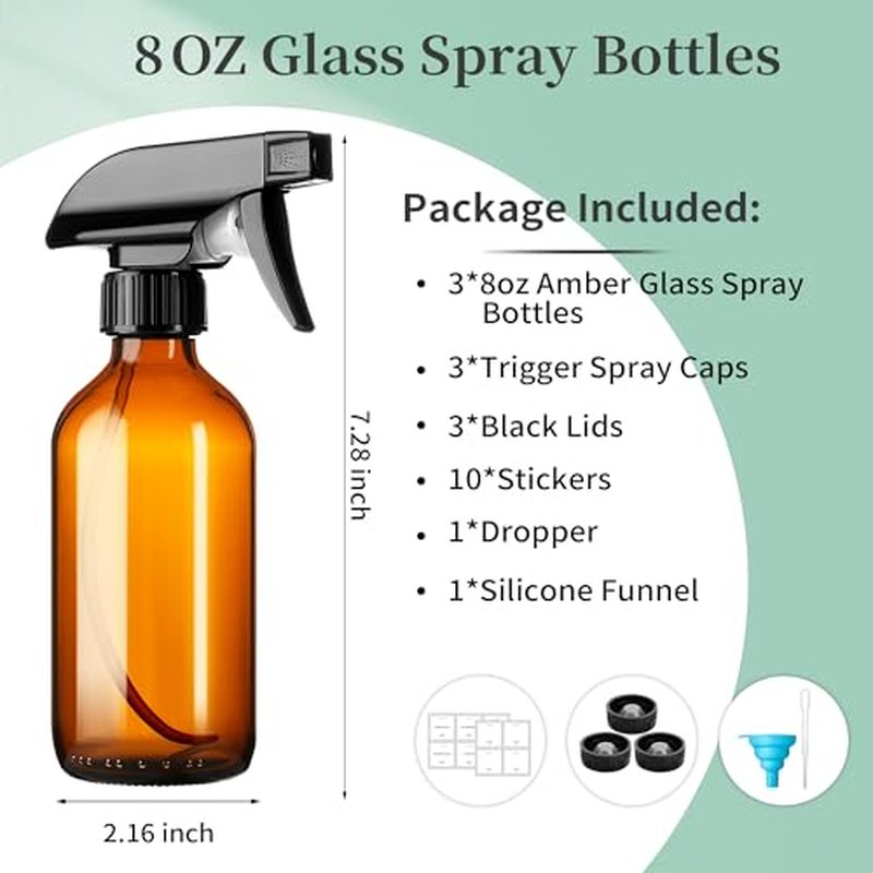 8oz Amber Glass Spray Bottles - 3 Pack with Adjustable Nozzles