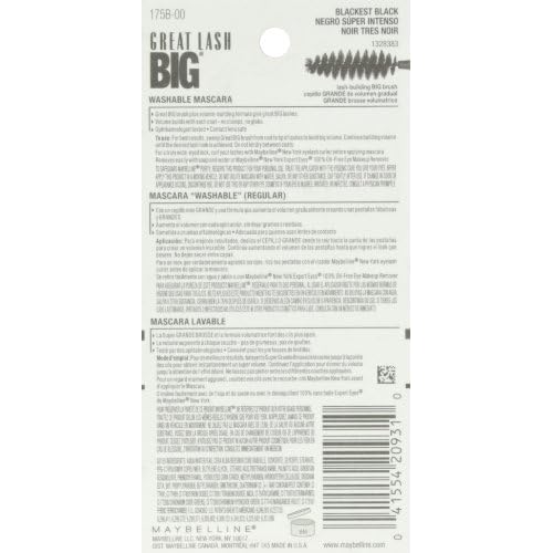 Maybelline Great Lash BIG Washable Mascara,Volumizing,Thickening,Lengthening Mascara,Blackest Black,(Pack of 2)