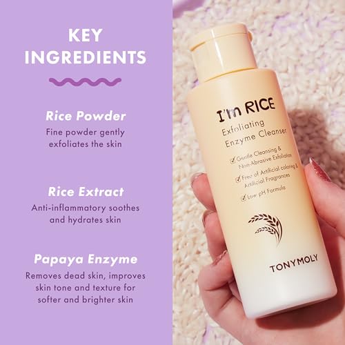 TONYMOLY I¡¯m Rice Exfoliating Enzyme Cleanser ? Rice Powder Face Wash & Papaya Enzyme Scrub, Gentle AHA Brightening Mask for Smooth Radiant Skin, 50g