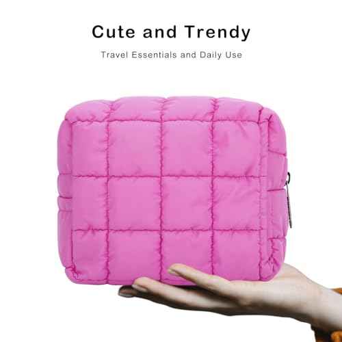 E-Tree Cute Makeup Bag,Quilted Cosmetic Bag,Make up Pouch for Purse,Toiletry Zipper Pouch,Checkered Bag,Travel Case,Storage Pouches for Organization (Hot Pink)