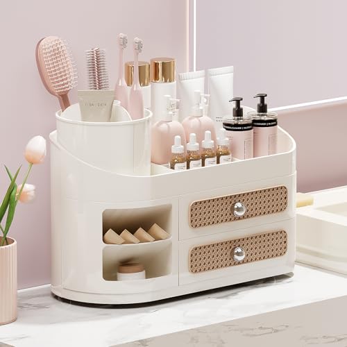 Makeup Organizer with Rotating Brush Holder & 2 Drawers
