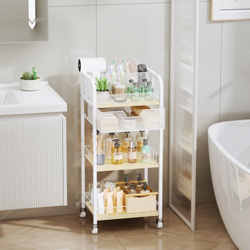 HapiRm Makeup Organizer Storage Cart - 4 Tier Skincare Make Up Storage with Drawer, Rolling Makeup Cart Vanity Organizer Cosmetics Display Cases Holder for Skin Care Perfume Nail Polish Brush